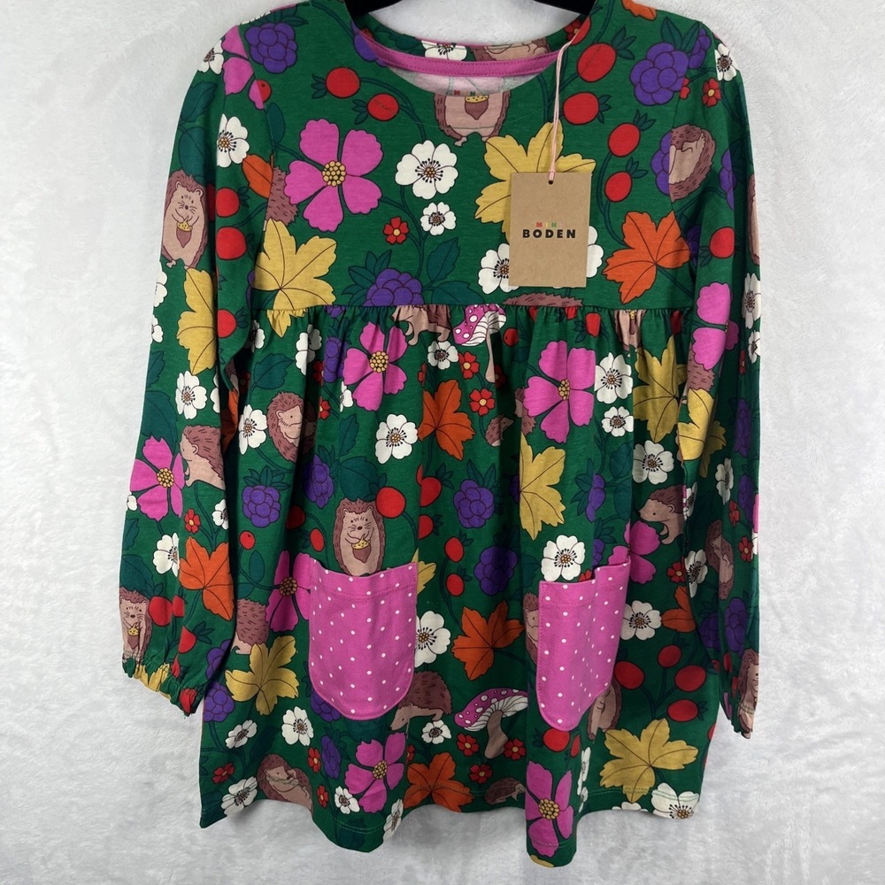 Mini Boden Long Sleeve Dress Girls 6-7Y Hedgehog Pocket Forest Florals